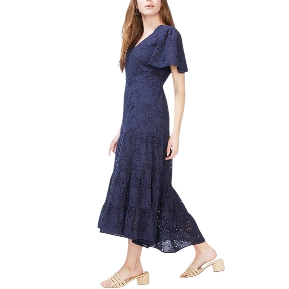 Chico's Navy Eyelet V-Neck Tiered Midi Dress - Picture 4 of 15